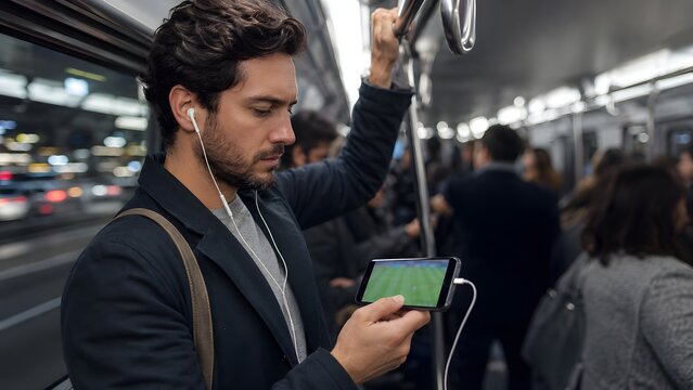 Male commuter standing in crowded subway train streaming a live football match on smartphone with earphones.