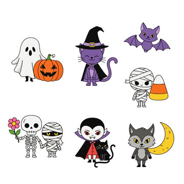 Cute cartoon Halloween characters collection. Adorable spooky ghost, witch cat, bat, mummy, skeleton, vampire, and werewolf icons for holiday fun.
