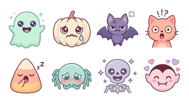 Adorable Kawaii Halloween Characters Set. Cute Spooky Emojis featuring Ghost, Pumpkin, Bat, Vampire, Skeleton, Spider, Cat, and Candy Corn.