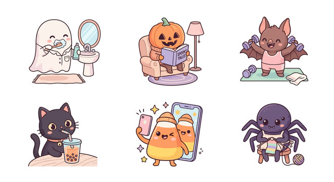 Cute Halloween Cartoon Characters Doing Everyday Activities Set. Adorable Ghost, Pumpkin, Bat, Cat, Candy Corn, Spider Lifestyle Illustrations.