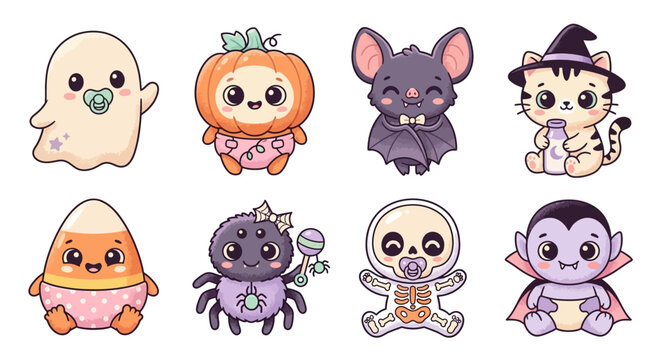 Adorable baby Halloween characters collection: cute ghost, pumpkin, bat, spider, skeleton, vampire, candy corn, and witch kitty.