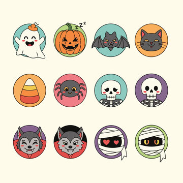 Adorable Cartoon Halloween Icons Set with Ghost, Pumpkin, Bat, Black Cat, Spider, Skeleton, Werewolf, Mummy, and Candy Corn Illustrations