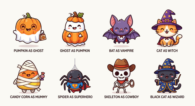 Cute Halloween Characters Vector Set: Adorable illustrations of pumpkin ghost, vampire bat, witch cat, mummy, superhero spider, cowboy skeleton, wizard cat.