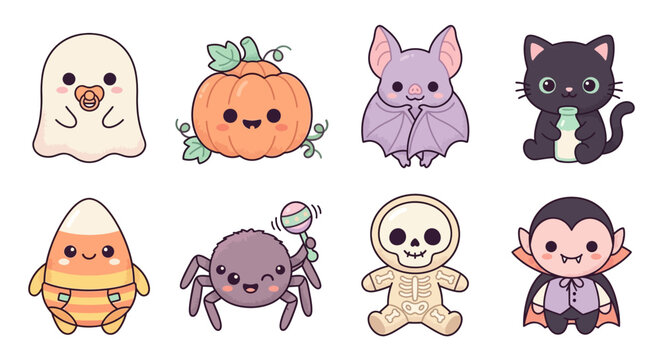 Cute Kawaii Halloween Characters Set: Adorable Ghost, Pumpkin, Bat, Black Cat, Candy Corn, Spider, Skeleton, and Vampire Illustration