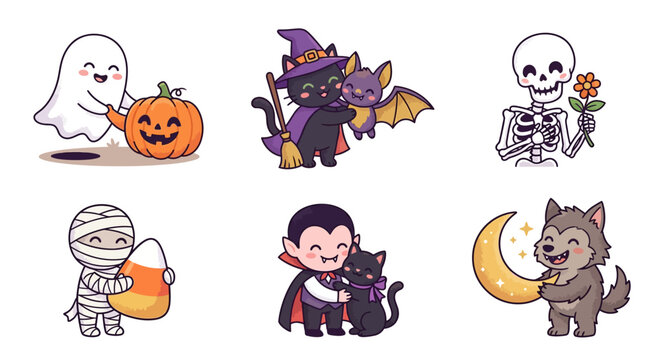 Happy Halloween Cartoon Character Set: Adorable Ghost, Witch Cat, Skeleton, Mummy, Vampire, Werewolf Illustrations Collection