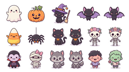 Naklejka premium Adorable Halloween Cartoon Character Illustrations Collection with Cute Ghost, Pumpkin, Witch Cat, Bat, Vampire, Mummy, Skeleton