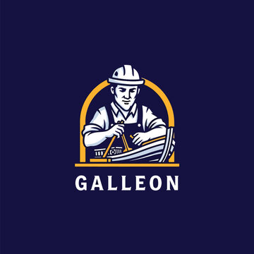 Professional shipwright character logo design featuring a carpenter crafting a boat.