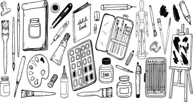 Hand drawn art supplies vector elements set with sketchbook brushes paint palette and easel on white backdrop