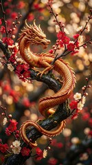Fototapeta premium A golden dragon wrapped around a plum blossom branch, rich red and gold palette, creamy bokeh, visual poetry.