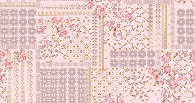 Vintage Floral Patchwork Seamless Pattern with Ornamental Geometric Motifs