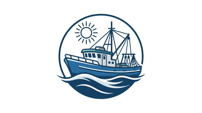 Fishing boat on blue waves under sun, circular logo