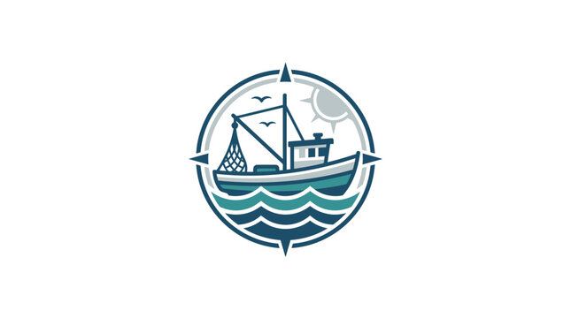 Fishing Boat Sailing on Waves with Sun and Birds, Nautical Compass Logo