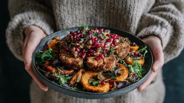 Person holds rustic ceramic plate filled with vegan cutlets, roasted pumpkin slices, fresh greens, topping pomegranate seeds, microgreens. Cozy autumn vibes, healthy plant based cuisine