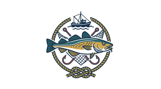Fishing Emblem: Cod Fish, Boat, Nets, Hooks, Rope, Nautical Design