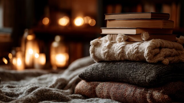 Cozy evening scene with stacked books and warm blankets in a softly lit room, perfect for creating a relaxing atmosphere and inviting comfort for readers.