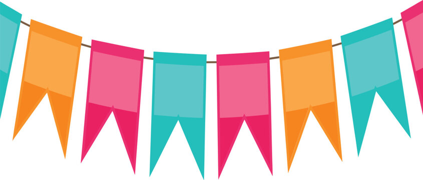 Colorful party bunting garland vector illustration hanging decoration flags for birthday celebration on white backdrop