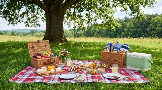Picnic spread with wicker baskets and a green cooler on a red and blue plaid blanket under a large oak tree in a grassy meadow during a sunny summer day with fresh fruit cheese and vegetables