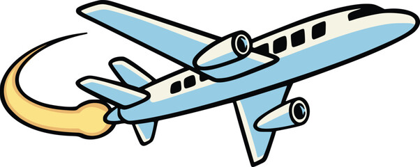 Cartoon vector illustration of a passenger airplane flying with yellow jet flame, shown in side view and isolated on a white background for air travel themes © Galih