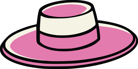 Cartoon vector illustration of a pink wide brim hat with cream band and crown, shown from front view and isolated on a white background for travel themes © Galih