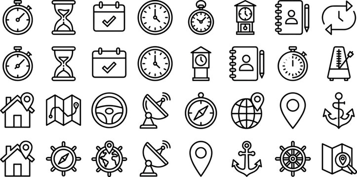 Vector line icon set featuring time management clocks calendars maps pin locations compasses anchors and navigation system symbols.