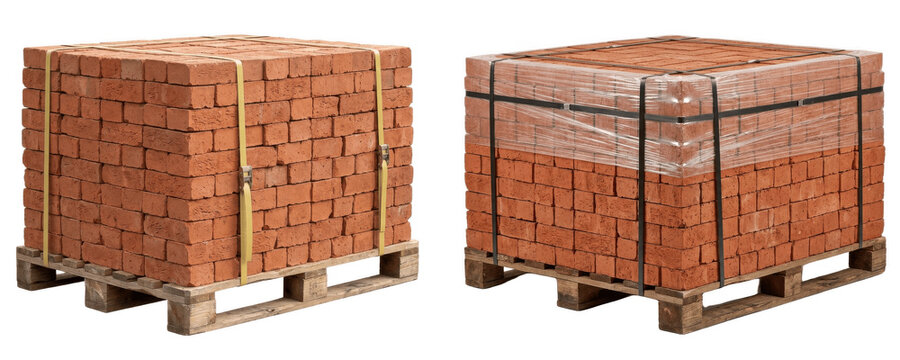 A Set of brick pallet PNG loads, red clay bricks stacked on wooden pallets with straps and wrap for masonry construction, warehouse, building material catalogs
