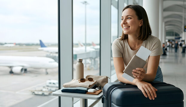 Cheerful traveler holding passport and boarding pass at airport terminal