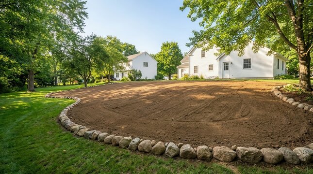 Backyard yard grading for drainage with excavated soil and a stone border near a residential structure.