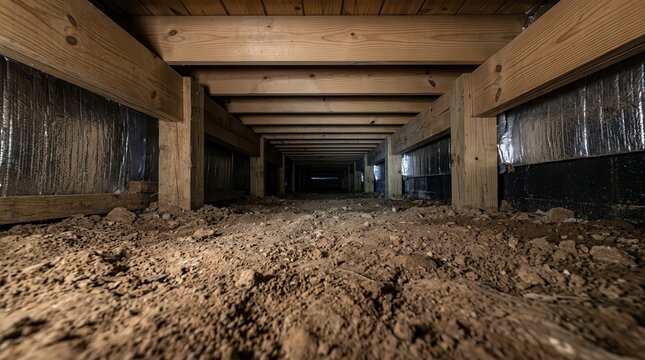 Crawl space under a house showing a dirt floor and wooden beams.