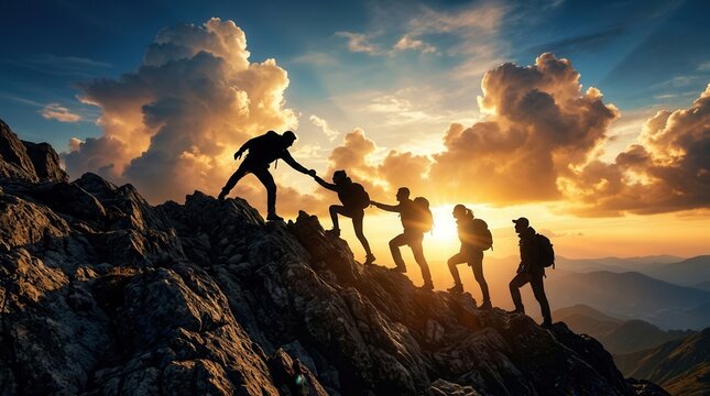 A group of hikers working together as a team to climb a steep rocky mountain during sunset.