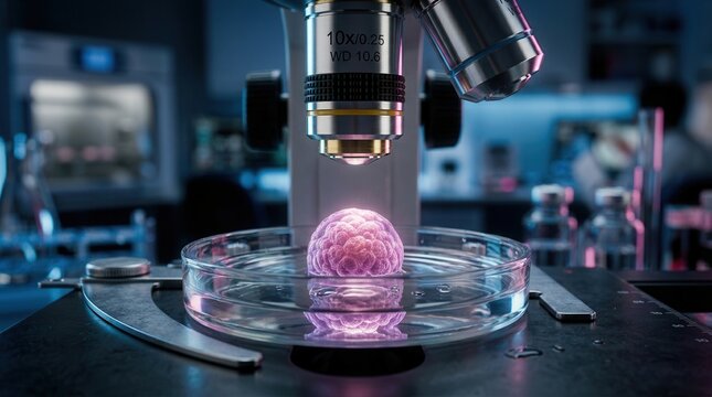 Microscope examining a single embryo in a petri dish for IVF and cryopreservation.