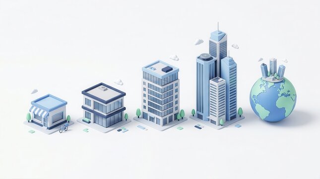 3D illustration showing the progression of company sizes from small business to global corporation.