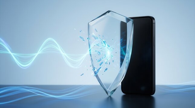 Smartphone with a transparent shield deflecting electromagnetic waves for EMF blocker protection.