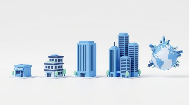 Illustration showing various company sizes ranging from small business to global corporation with building icons.