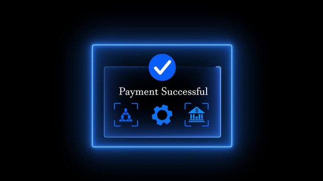 Abstract futuristic neon blue glowing payment successful notification template with a green check mark and financial business icons on a black background. Online payment concept.