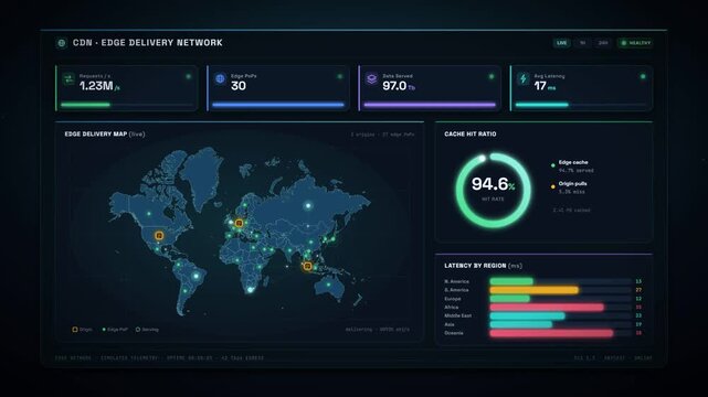 Content delivery network dashboard with global server map and live performance analytics