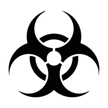Solid black biohazard symbol icon with three symmetrical crescents on a central circle isolated on white safety and hazard warning concept