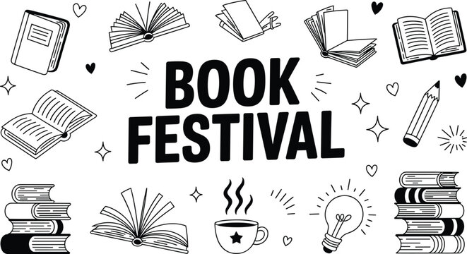 Book festival hand drawn vector lettering banner design with open reading books stacks and coffee cup