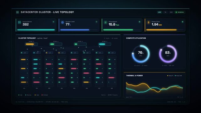 Data center cluster topology dashboard monitoring server compute load and power usage