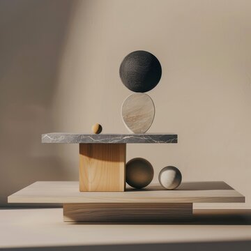Abstract composition of balanced geometric shapes and spheres in a minimalist studio setting with soft lighting