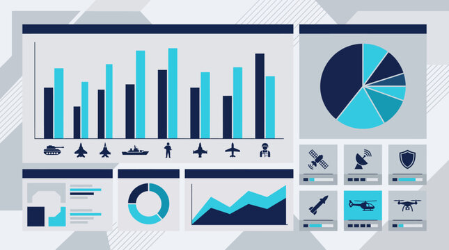 Modern military defense analytics dashboard infographic with data charts and digital tech security icons flat vector