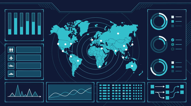 Futuristic HUD global security dashboard infographic with world map cyber monitoring radar and data analytics charts flat vector.
