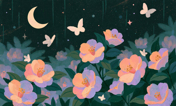 Cozy tranquil garden illustration, deep black and pine green underpainting for shadow depth, warm apricot and pale purple flowers lift tonal brightness, milky white crescent and butterflies create hig