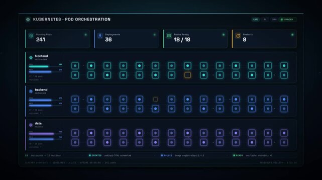 Container orchestration dashboard managing cloud server pod deployment and live scaling