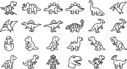 Cute Cartoon Black and White Line Art Dinosaurs Vector Icons Set for Kids Education and Prehistoric Animal Themes © syakira