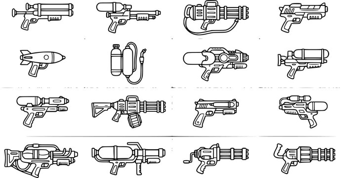 Gaming Sci-Fi Weapons Line Art Icons Collection: Black  White Futuristic Guns, Blasters, Ray Guns, and Miniguns for Toy and Game Design