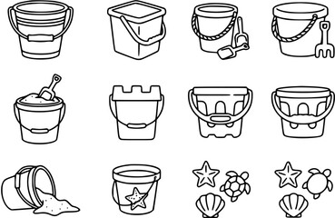 Obraz premium Summer Beach Play Sand Buckets, Shovels, and Sea Life Toys Outline Icons Set. Childhood Vacation Essentials, Seaside Fun, Recreation Line Art Glyphs.
