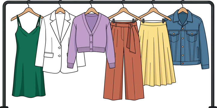 Vector apparel illustration featuring a modern clothing rack displaying a dress blazer cardigan trousers skirt and denim jacket.