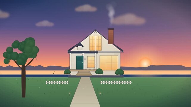 Cozy family house with chimney smoke and tree at warm sunset in flat design illustration