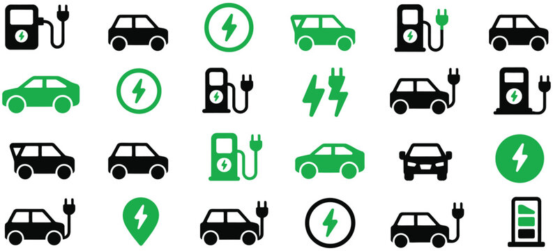Electric car charging icon set, electric vehicle and EV charging station location pin symbols for green transport and sustainable mobility vector illustration.