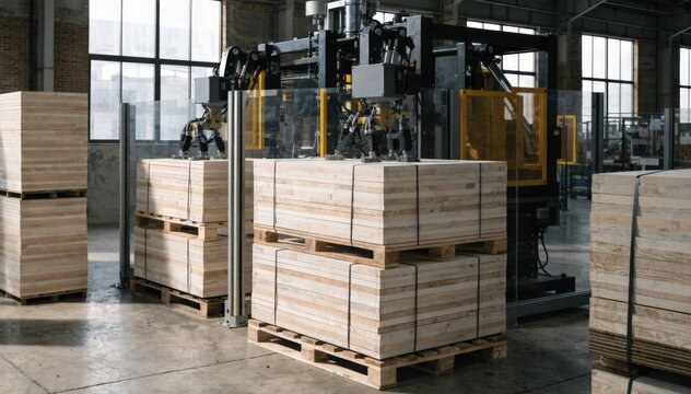 Automated palletizing machine precisely stacking finished boards applying straps around bundles in a modern packaging facility for efficient shipment preparation.
